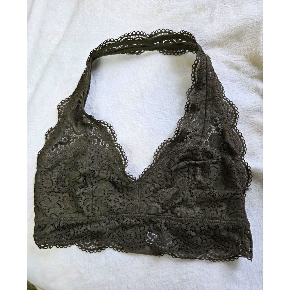 Aerie Lace Floral Halter Bralette Bra Green M Wireless Hook & Eye Back